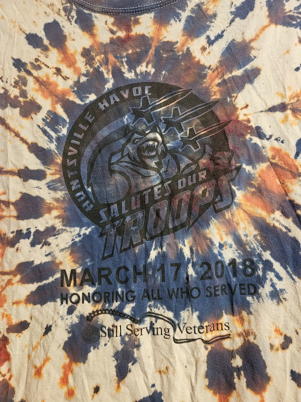 Huntsville Havoc Tie-Dye Salutes Our Troops Graphic Tee - Blue, Orange, Cream -